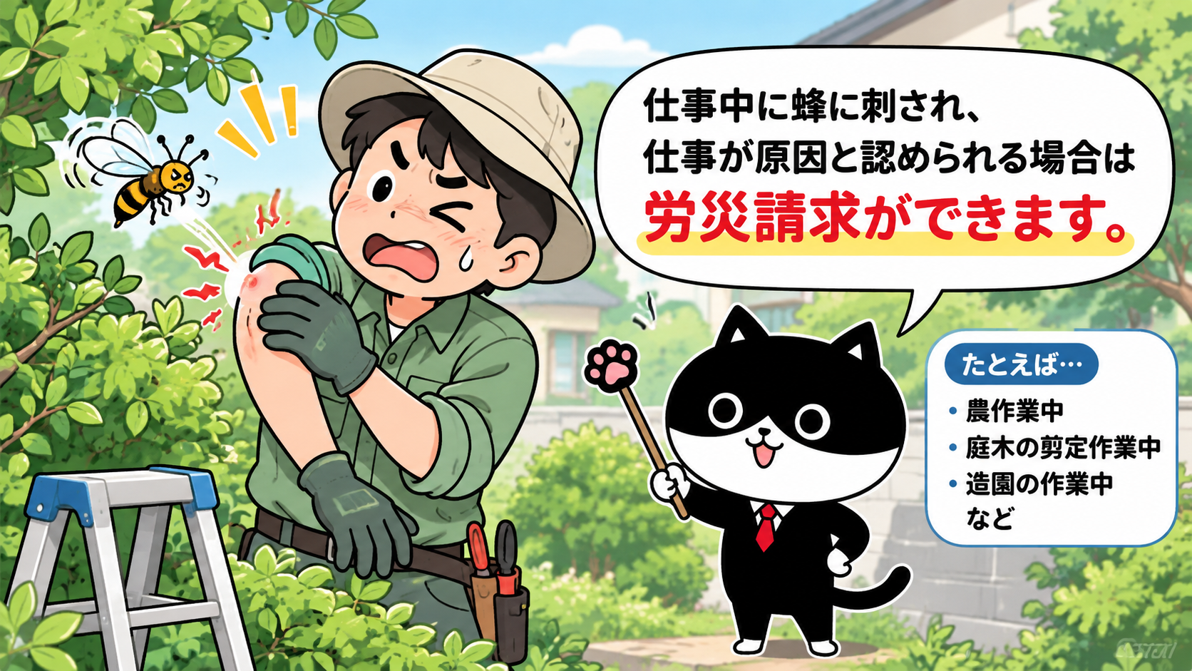 庭木の剪定作業中に蜂に刺されたフリーランスの男性と、仕事が原因と認められる蜂刺されは労災請求できることを解説するフリにゃん