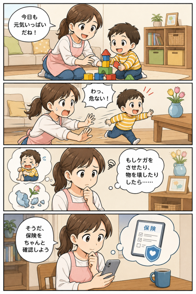 今回相談されたのは、ベビーシッターとして働く**佐藤さん（仮名）**です。
最初は「保険に入りたい」という問い合わせでした。
しかし話を聞くと、佐藤さんは、自分が働けなくなったときの補償には加入している認識を持っていました。
それでも不安だったのは、
•	子どもをケガさせてしまったらどうしよう
•	預かった家の物を壊してしまったらどうしよう
ということでした。
つまり、探していたのは自分のための補償ではなく、相手への備えだったのです。
