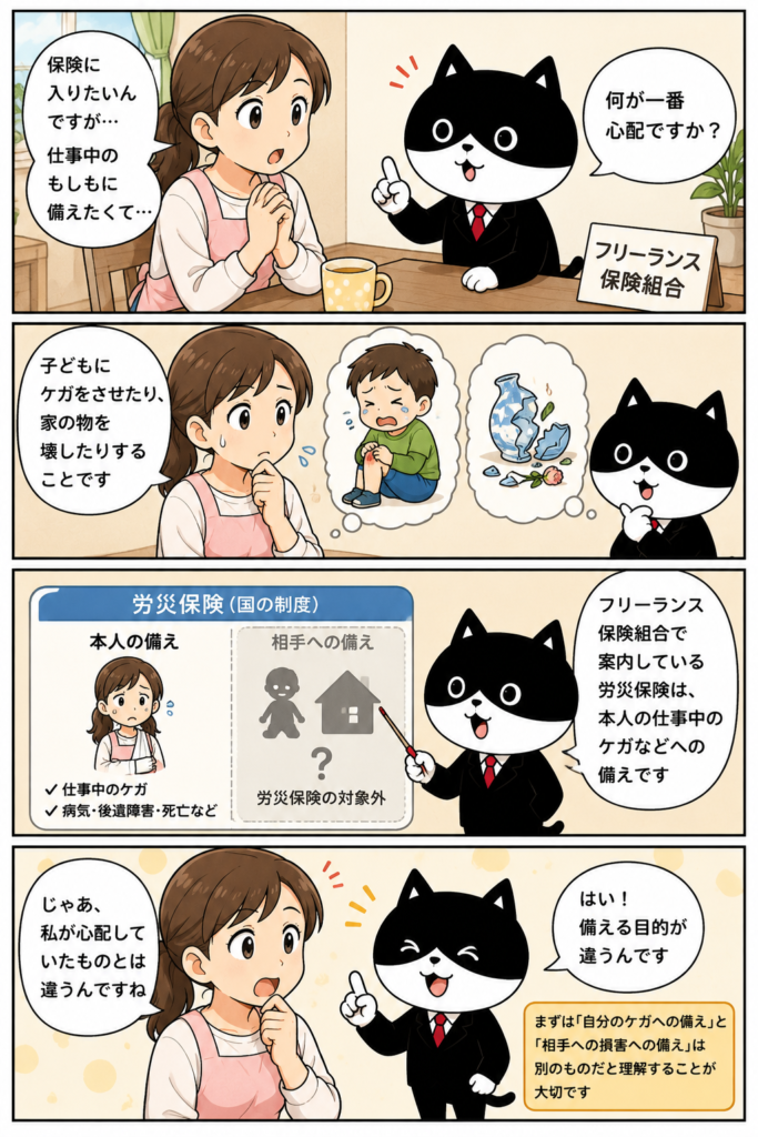 今回の受電では、フリーランス保険組合で案内しているのは、本人が仕事中にケガをした際の国の労災保険であることを説明しています。
一方で、相談者が求めていたのは「相手に対する保険」でした。
この受電から分かるのは、「フリーランスの保険」という言葉だけでは、何に備えたいのかは判断できないということです。
本人が心配しているのは、
•	自分がケガをすることなのか
•	相手へ損害を与えることなのか
この違いを確認しないまま話が進むと、「保険には入っているのに、不安は解消されていない」という状況になりかねません。
家族や仕事を紹介する人も、「保険には入っている？」だけではなく、「何に備える保険なの？」まで確認することが、本人の不安を正しく理解する第一歩になります。
