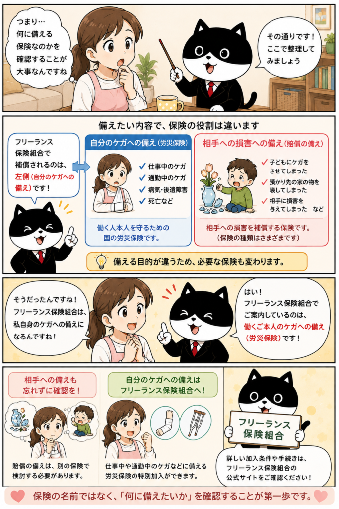 今回の受電で印象的だったのは、「保険に入りたい」という言葉の裏にある本当の悩みでした。
相談者が探していたのは、自分が仕事中にケガをした場合への備えではなく、仕事相手へ損害を与えてしまうことへの備えでした。
「フリーランスの保険」という一言だけでは、本人が何を心配しているのかは分かりません。
だからこそ、保険の名前ではなく、「何が起きることを一番心配しているのか」を確認することが、本人に合った備えを考える第一歩になるのではないでしょうか。
