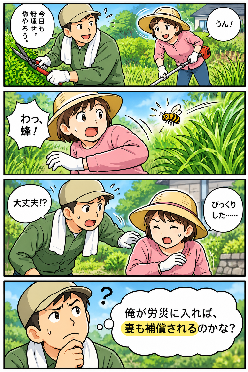 造園の仕事をする佐藤さん夫婦。妻が草刈り中に蜂を見つけて驚き、佐藤さんが心配して駆け寄る。妻にケガはなかったが、佐藤さんは「自分が労災に加入すれば、一緒に働く妻も補償されるのだろうか」と疑問を持つ。