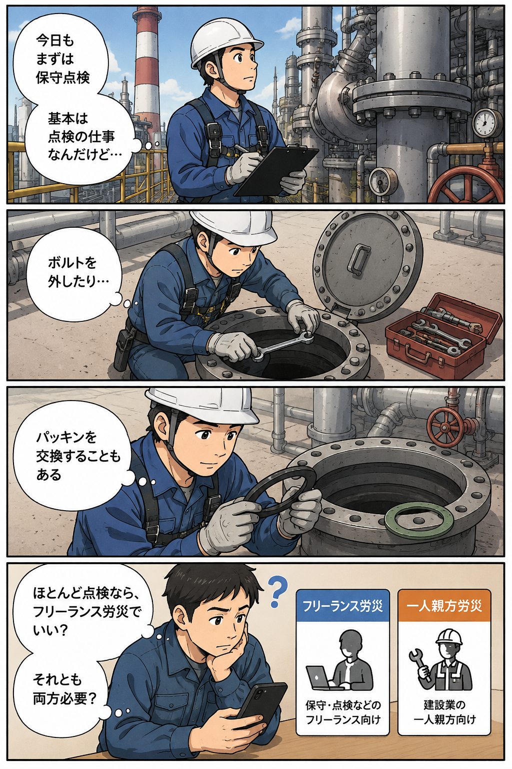 発電所や工場で保守点検を行うフリーランスの男性。普段は設備の点検が中心だが、現場ではマンホールを開けてボルトを外したり、パッキンを交換したりすることもある。「ほとんど点検ならフリーランス労災でいい?それとも一人親方労災も必要?」と、自分に必要な労災について悩む4コマ漫画。
