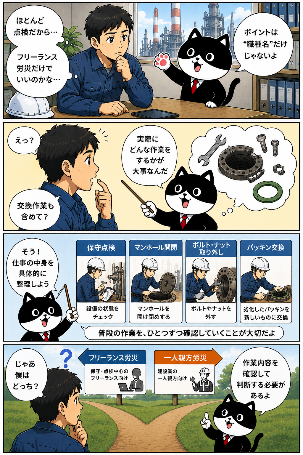 保守点検を行う男性の疑問に、フリーランス保険組合のキャラクター「ふりにゃん」が答える。労災を考えるときは職種名だけではなく、保守点検、マンホールの開閉、ボルト・ナットの取り外し、パッキン交換など、実際に行う作業内容を整理することが大切だと説明。フリーランス労災か一人親方労災かは、作業内容を確認して判断する必要があることを伝える4コマ漫画。