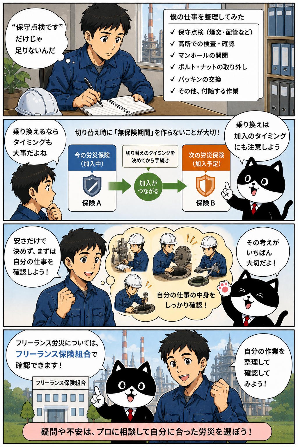 保守点検の男性が、自分の仕事に含まれる高所検査、マンホール開閉、ボルト・ナットの取り外し、パッキン交換などを整理する。ふりにゃんは、労災を乗り換える場合は無保険期間を作らないよう加入時期にも注意することを説明。費用だけで決めず、自分の仕事内容を確認したうえで必要な労災を検討し、フリーランス労災についてはフリーランス保険組合で確認できることを案内する4コマ漫画。