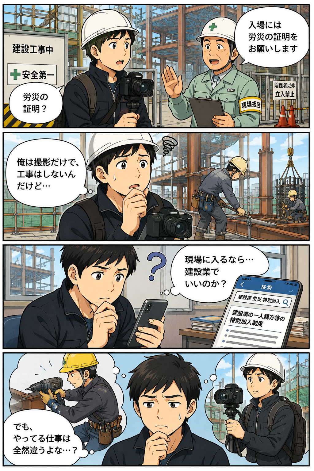 建設現場で撮影をするフリーランスの男性が、現場担当者から入場には労災の証明が必要と言われる4コマ漫画。工事はせず撮影だけを行う男性が、建設現場に入る場合は建設業の労災特別加入でよいのか疑問を持つ様子を描いている。