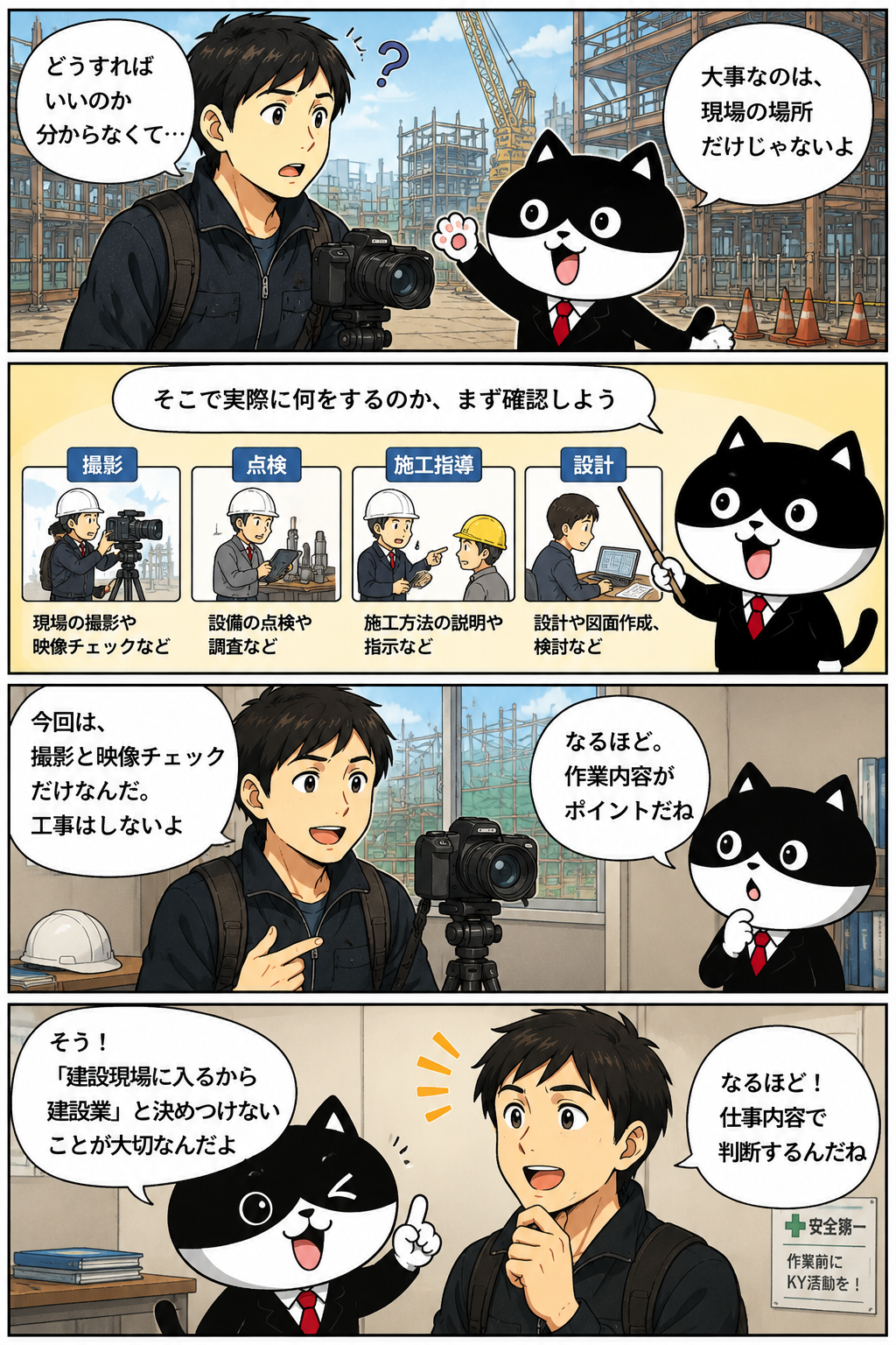 建設現場で撮影をする男性に、黒白のネコのキャラクター「ふりにゃん」が特別加入の考え方を説明する4コマ漫画。撮影、点検、施工指導、設計など、現場の場所だけではなく実際に行う仕事内容を確認することが大切だと紹介している。