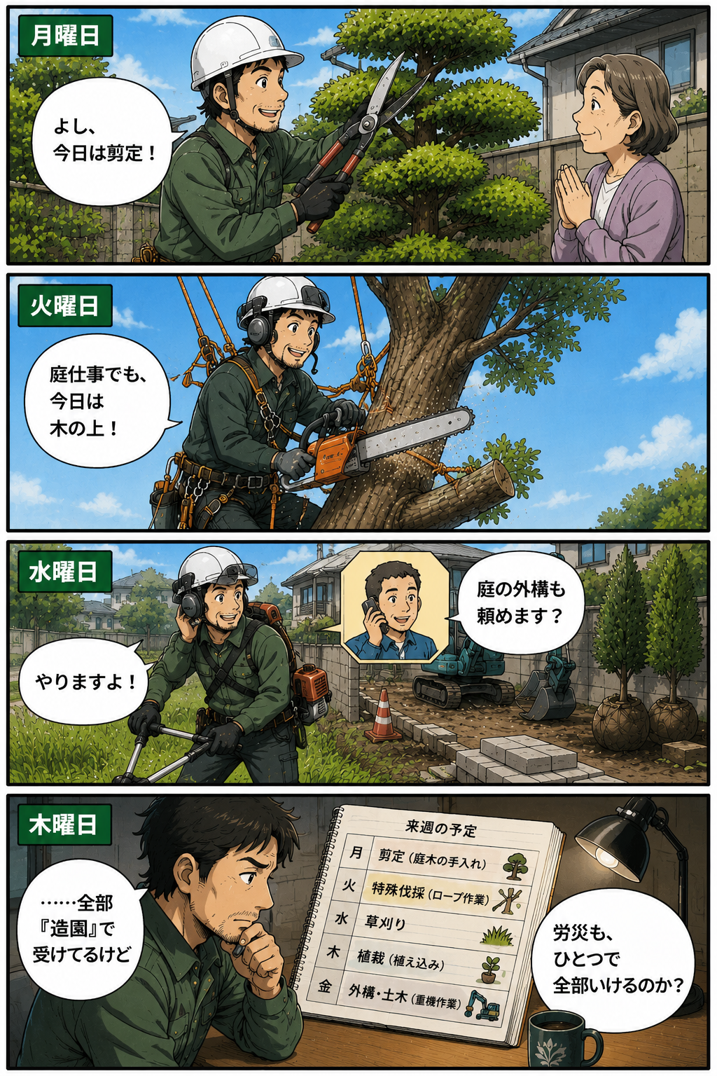 剪定、ロープを使った特殊伐採、草刈り、植栽、外構・土木など、さまざまな仕事を請け負う造園業者が、一つの労災で全部カバーできるのか疑問を持つマンガ。