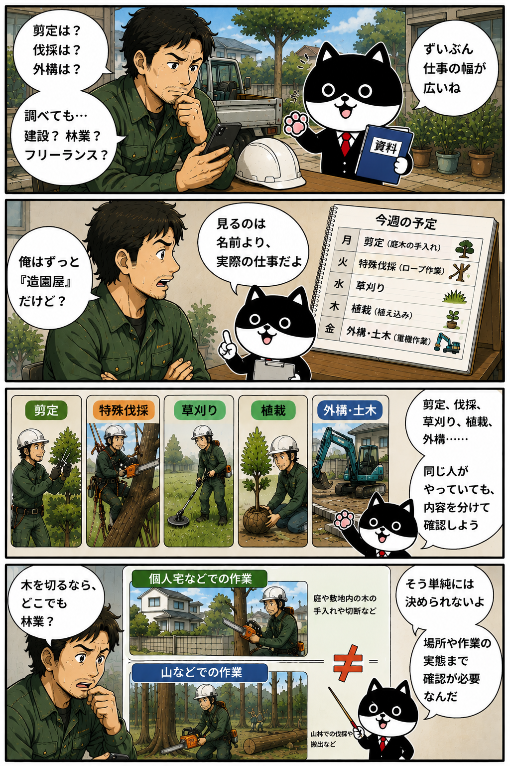 造園業者がふりにゃんと一緒に、剪定、特殊伐採、草刈り、植栽、外構・土木などの仕事内容や、個人宅と山での作業の違いを整理するマンガ。