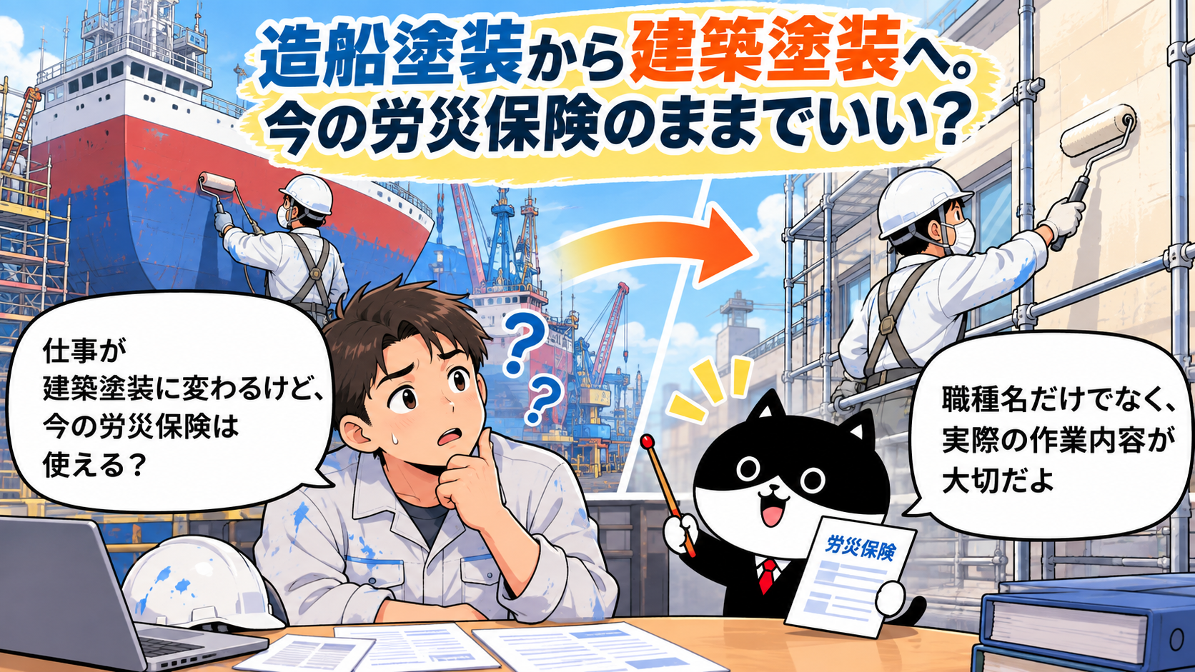 造船塗装から建築塗装へ仕事が変わる際、今の労災保険を使えるかフリにゃんに相談する塗装作業員