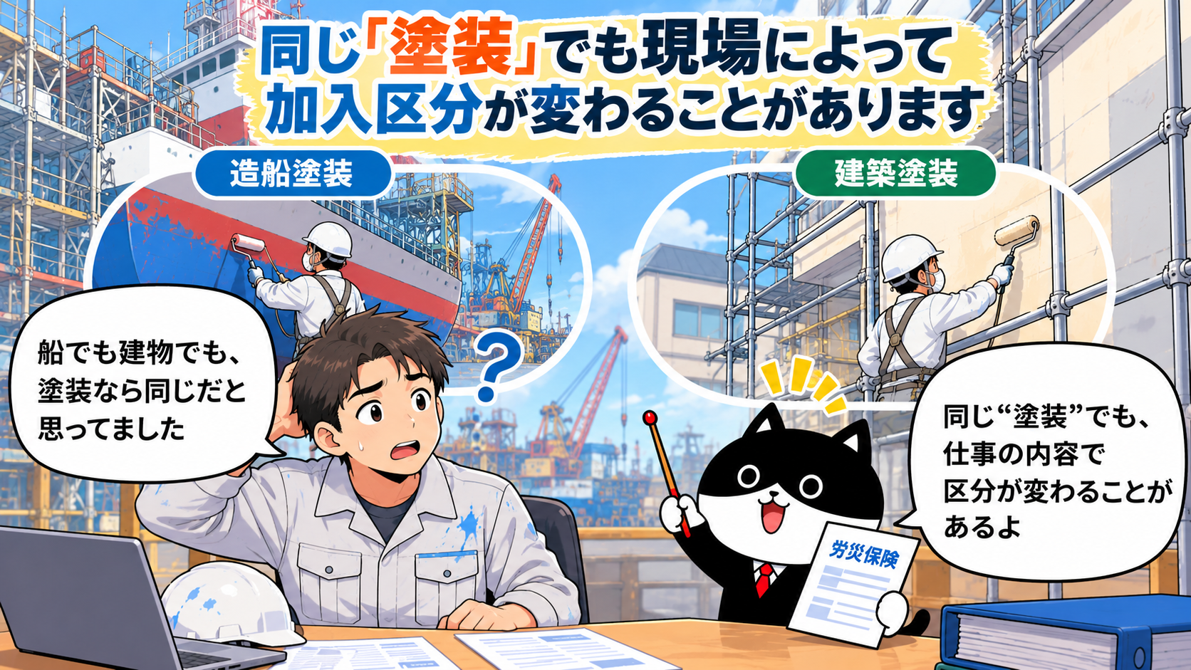 造船塗装と建築塗装では、同じ塗装でも仕事内容によって労災保険の加入区分が変わることを説明するフリにゃん
