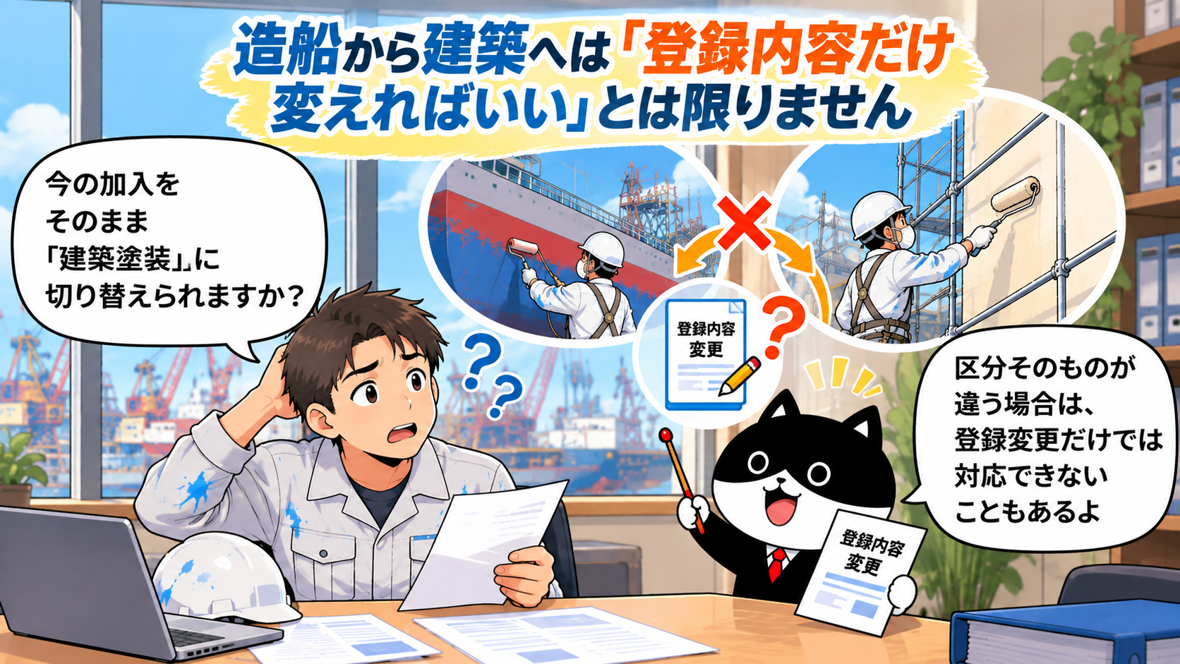 造船塗装から建築塗装へ変わる際、登録内容の変更だけでは対応できない場合があることを説明するフリにゃん
