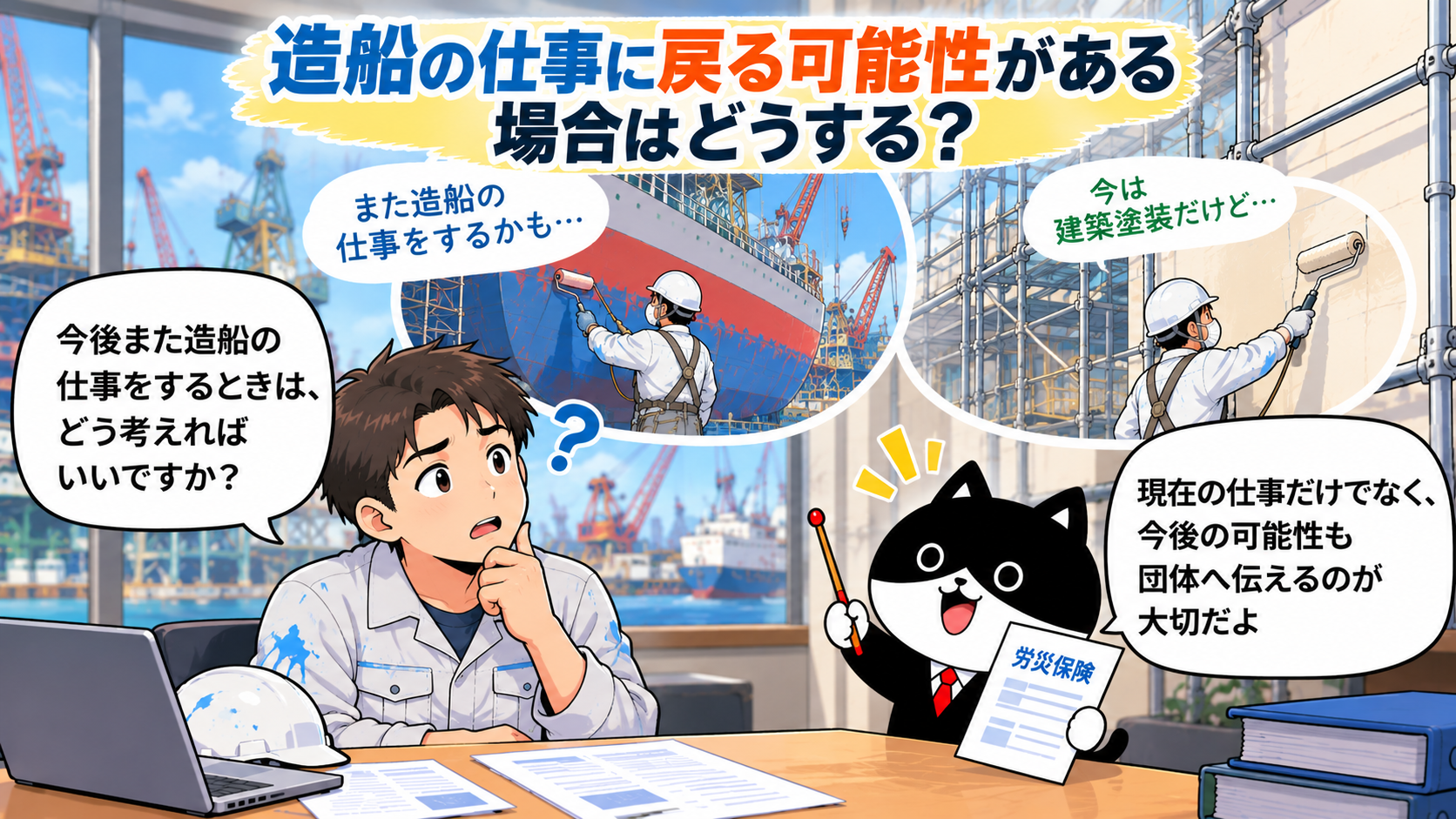 建築塗装へ移った後に造船の仕事へ戻る可能性がある場合、今後の仕事も加入団体へ伝えることを説明するフリにゃん
