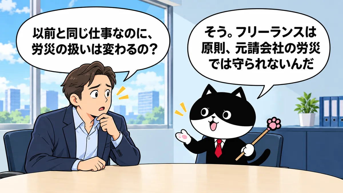 以前と同じ仕事でも、フリーランスは原則として元請会社の労災保険の対象外になると、ふりにゃんが説明する漫画。
