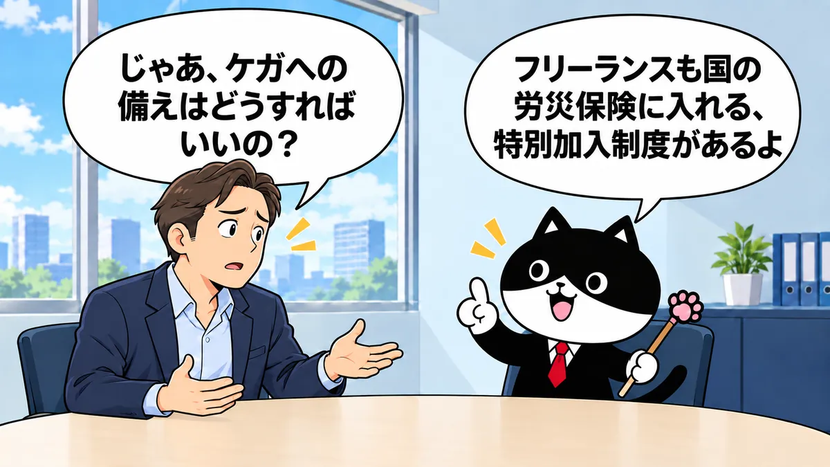 ケガへの備えを不安そうに尋ねる元請担当者に、ふりにゃんがフリーランスの労災保険の特別加入制度を紹介する漫画。